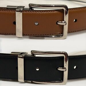 $80 NEW M 34-36 COLE HAAN BELT REVERSIBLE LEATHER SADDLE TAN BLACK CHROME BUCKLE